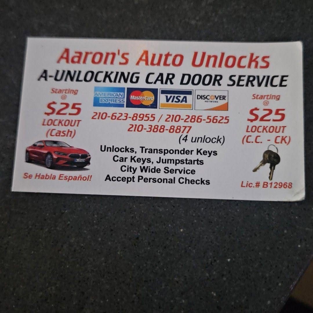 Aaron's Auto Unlocks business card with pricing and payment options